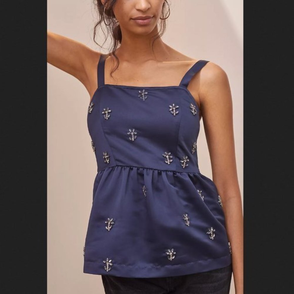 Anthropologie Dhruv Kapoor Rhinestone Satin Navy Blue Babydoll Tank Sz XL NWT